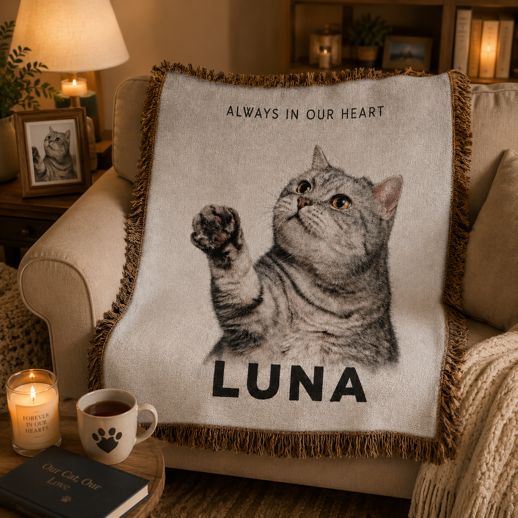 Custom Pet Memorial Woven-Style Blanket - Personalized Portrait Throw with Quote & Name
