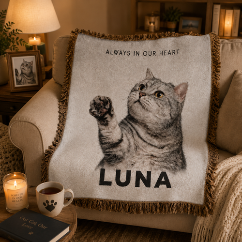 Custom Pet Memorial Woven-Style Blanket - Personalized Portrait Throw with Quote & Name