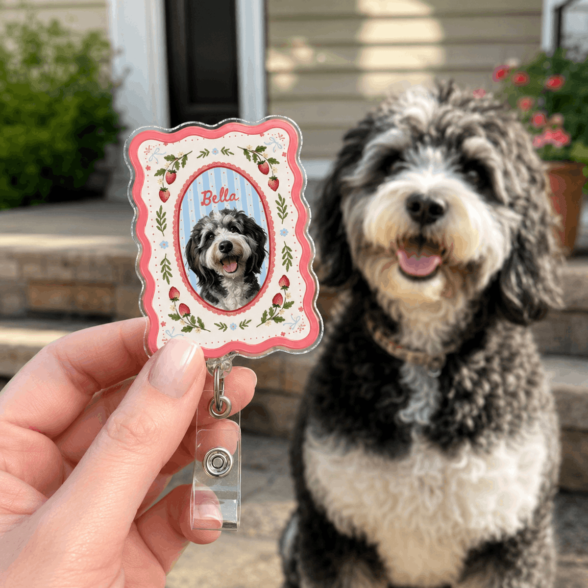Badge Reel – Custom Pet Portrait Vintage Scalloped Rectangle Design
