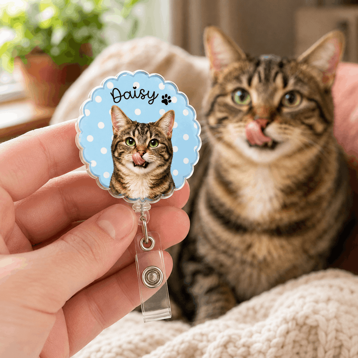 Badge Reel – Custom Pets Portrait Scalloped Gingham Design