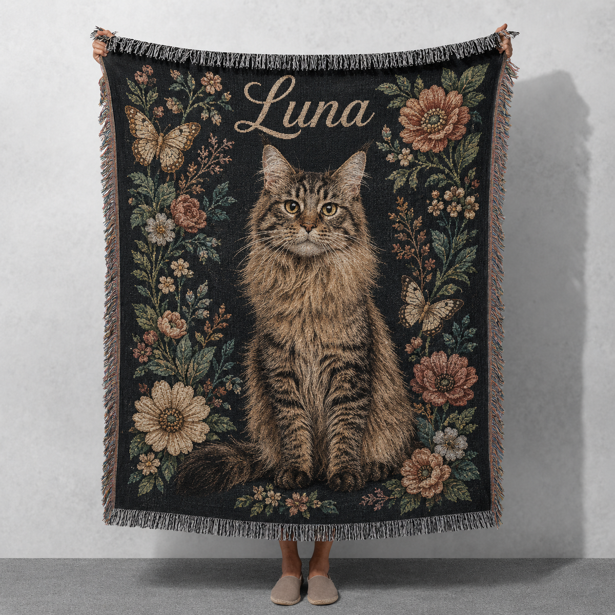 Custom Vintage Floral Pet Portrait Woven-Style Blanket - Personalized Cat & Dog Throw with Name