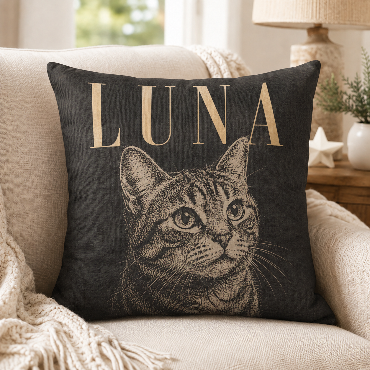 Custom Pet Portrait Pillow with Name – Personalized Dog or Cat Pillow