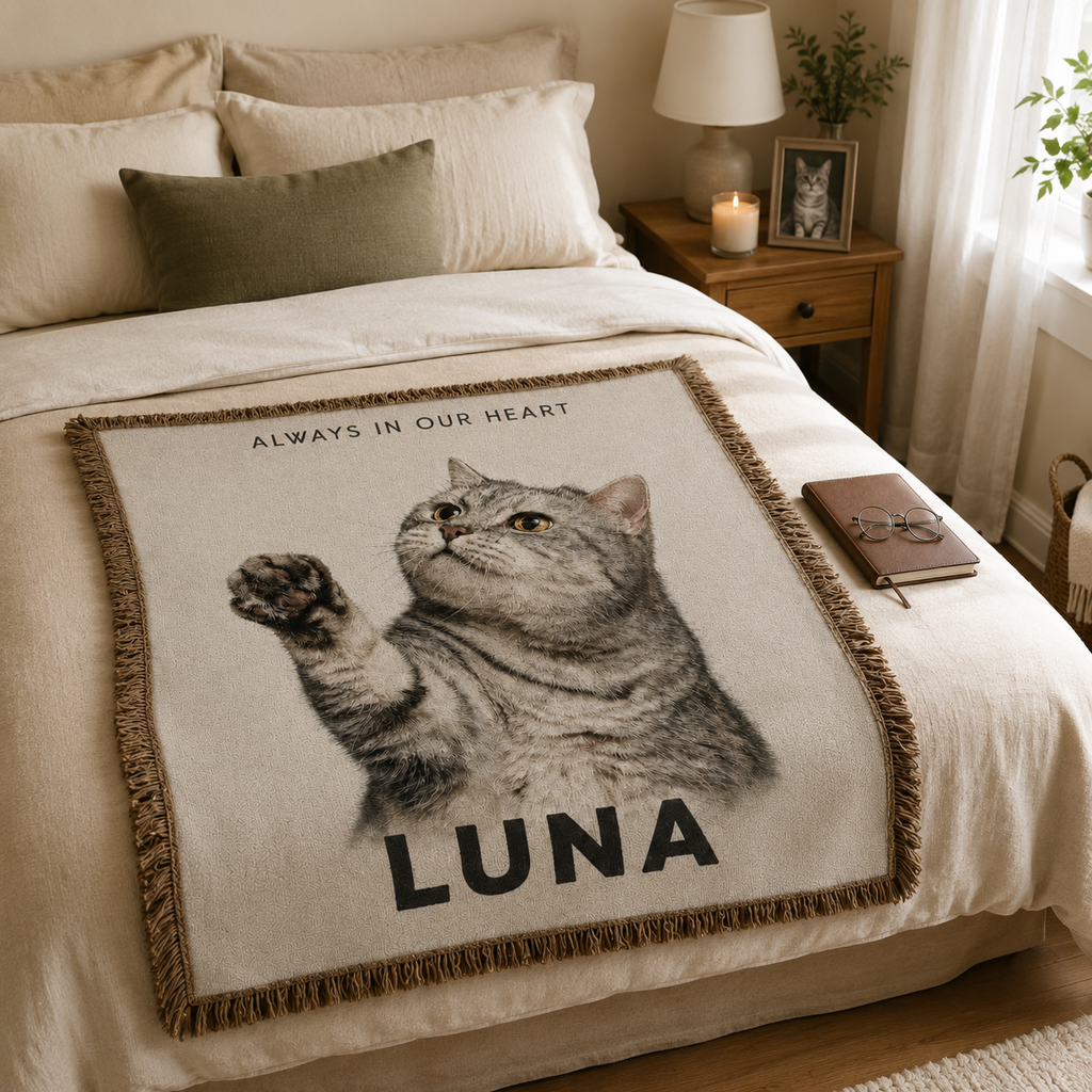 Custom Pet Memorial Woven-Style Blanket - Personalized Portrait Throw with Quote & Name