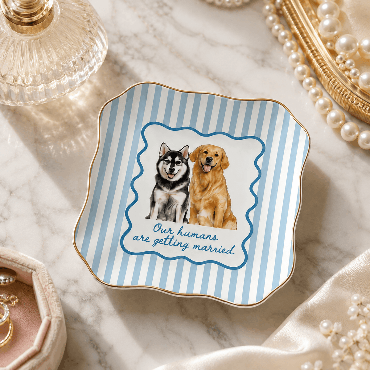 Custom Two Pets Ceramic Jewelry Dish – "Our Humans Are Getting Married" Striped Design