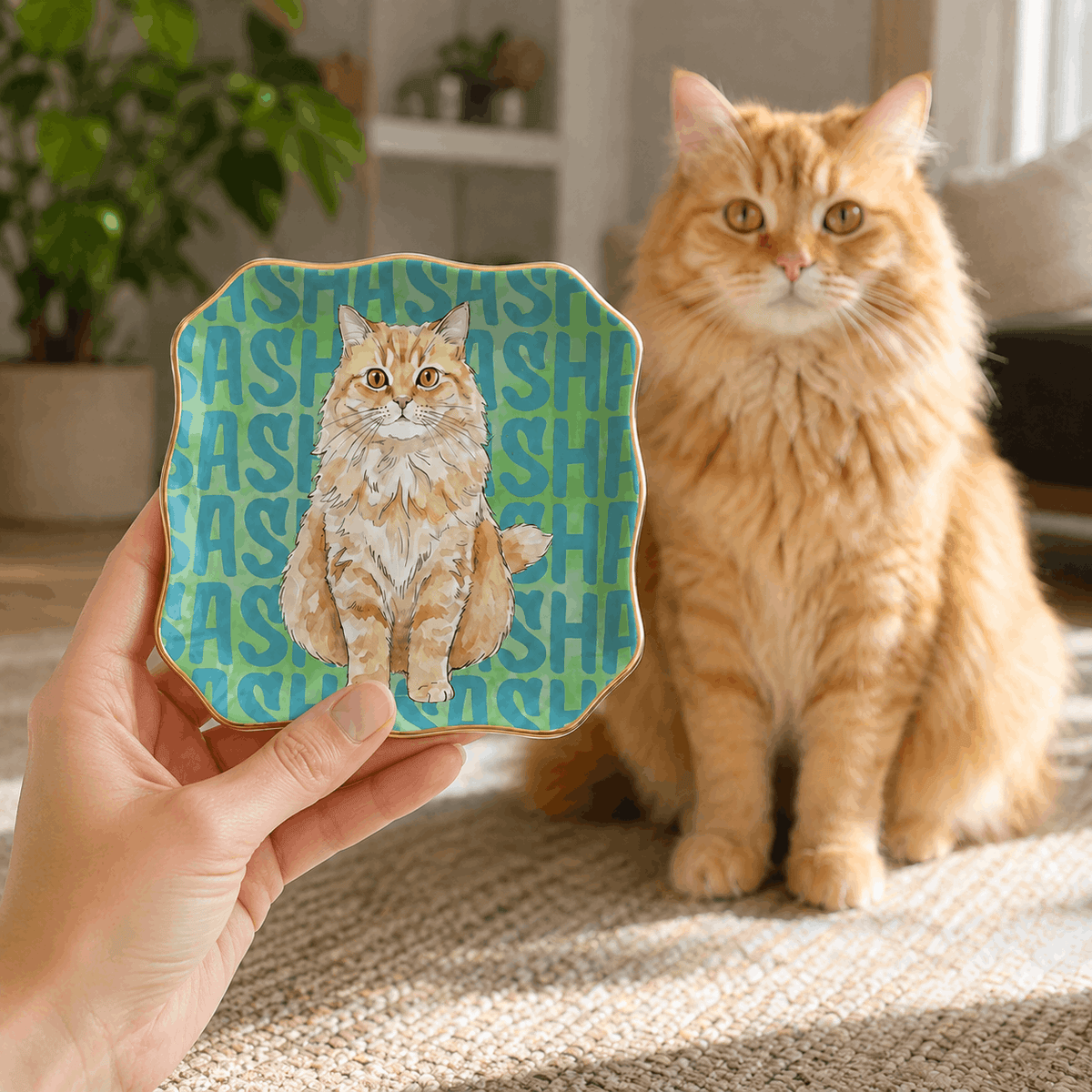 Custom Pet Portrait Ceramic Jewelry Dish – Pop-Art Repeated Name Pattern