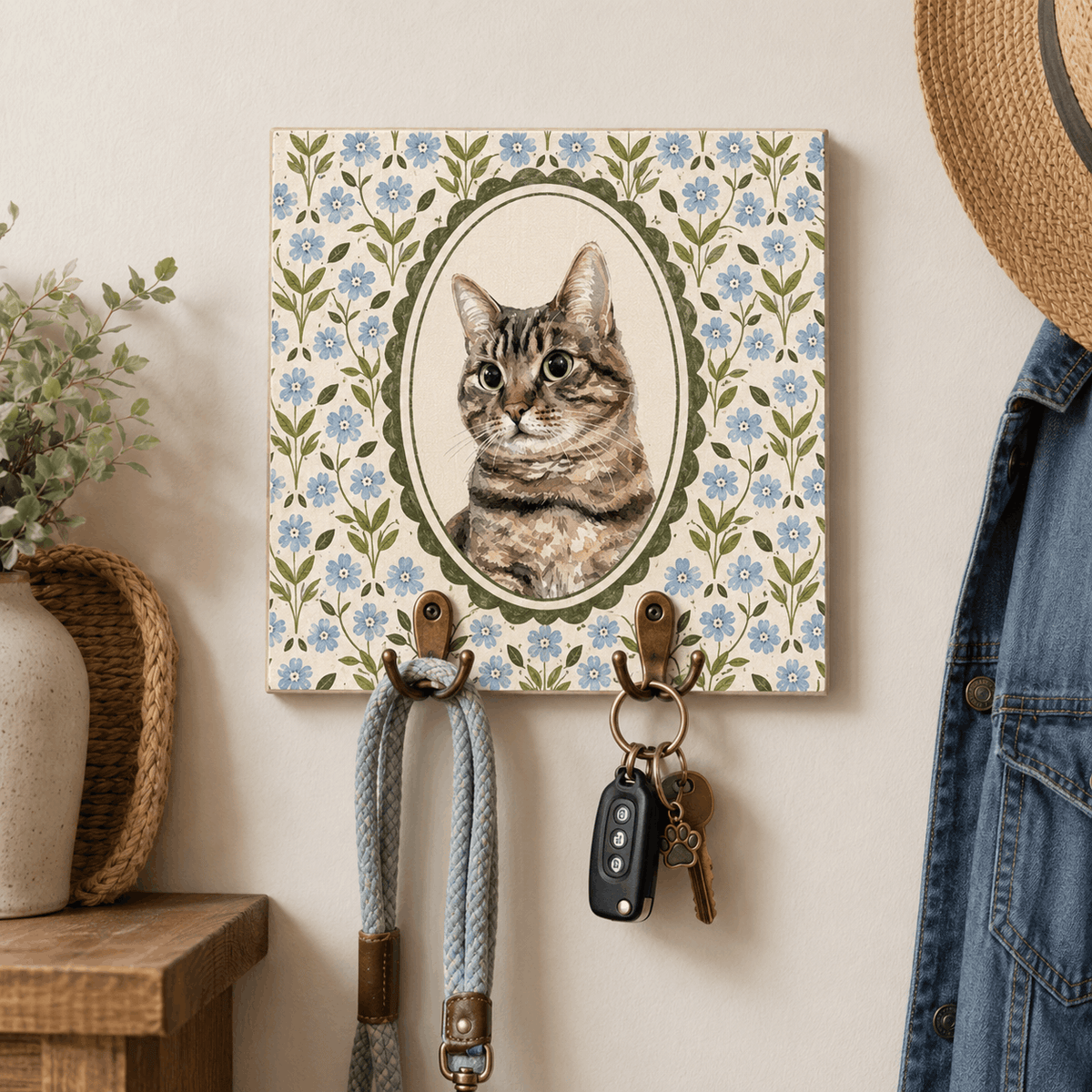 Custom Pet Portrait Dog Leash Holder – Vintage Floral & Gingham Design