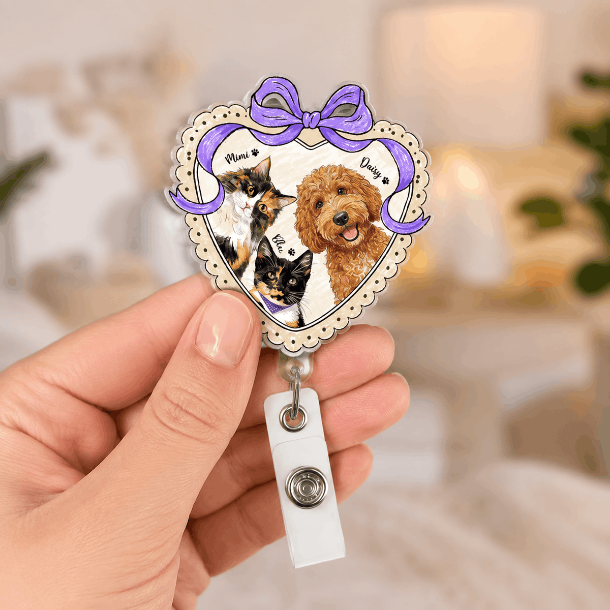 Badge Reel – Custom Pet Portrait Heart Shape Ribbon Design