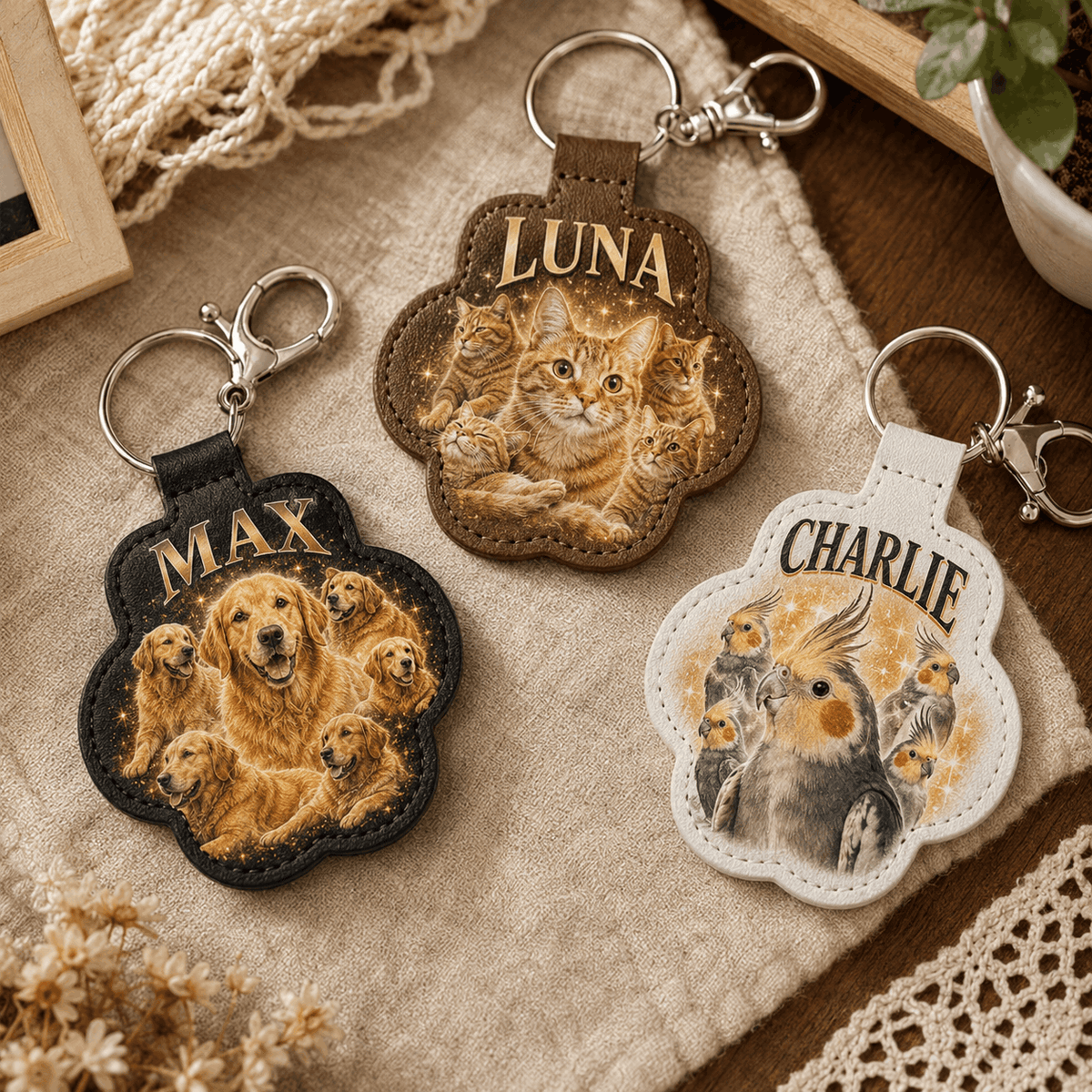 Custom Pawprint Keychain - Vintage Pet Photo Collage & Fur Keepsake