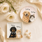 Custom Two Pets Portrait Ceramic Jewelry Dish – Pastel Pattern Design