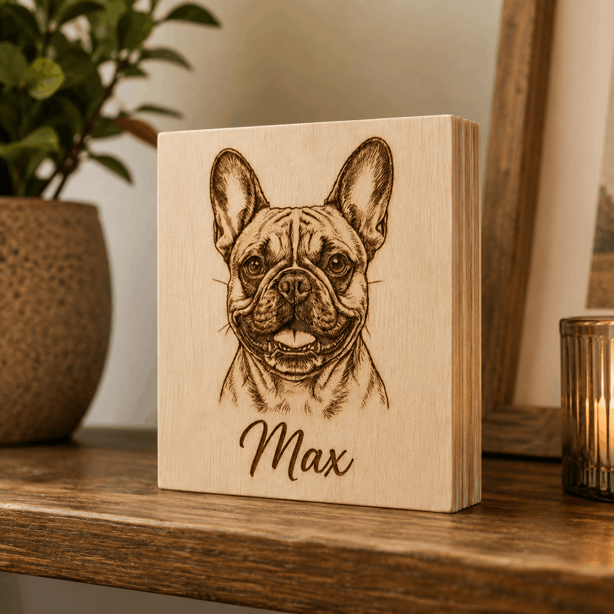 Custom Pet Sketch Portrait Wooden Block – Rustic Line Art Design
