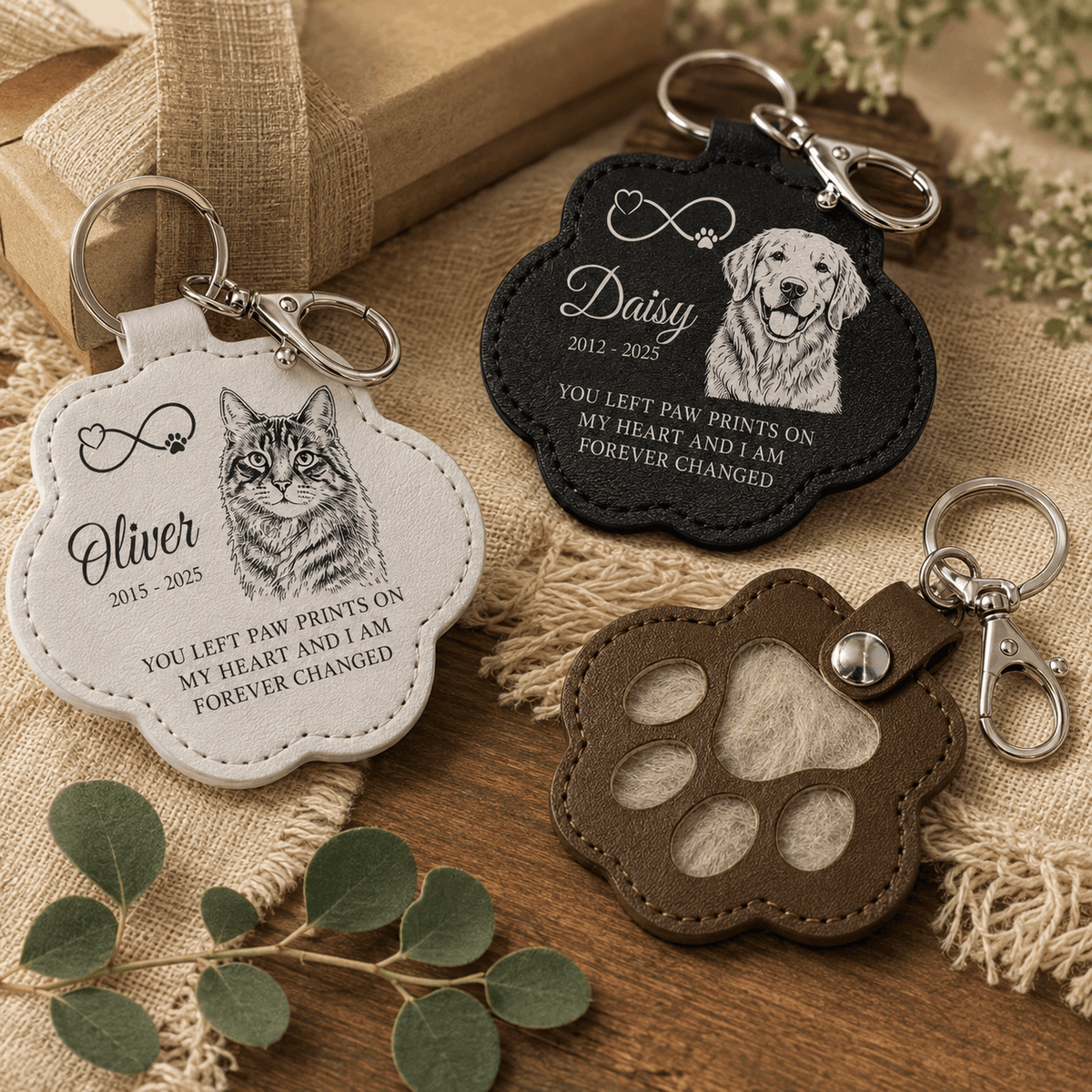 Pet Memorial Pawprint Keychain - Line Art Portrait & Meaningful Quote Keepsake
