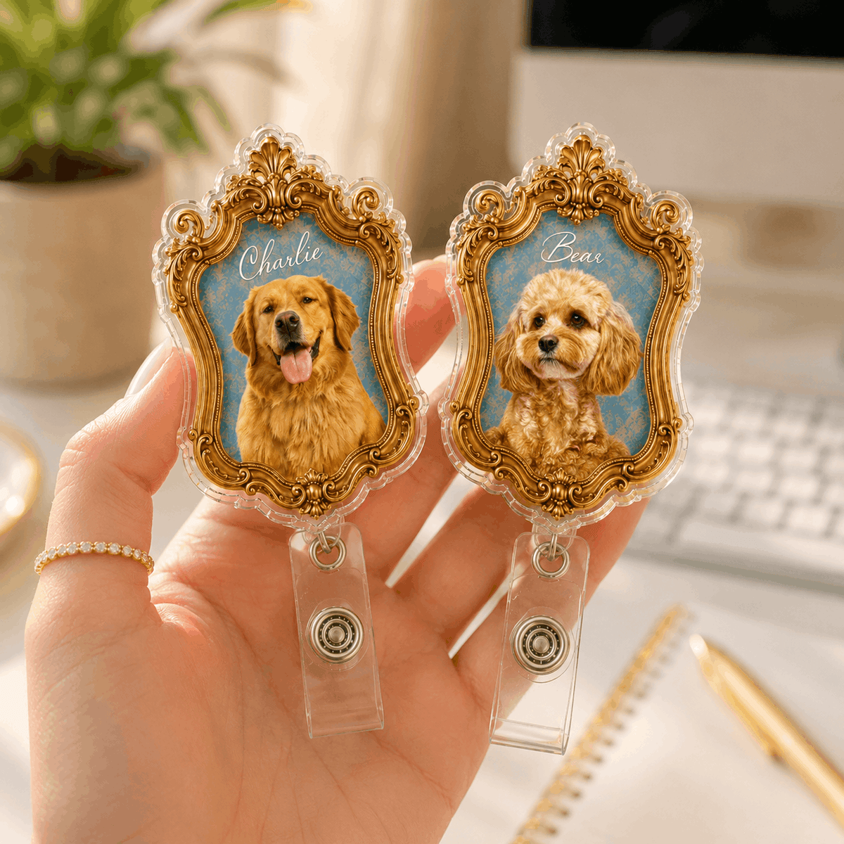 Badge Reel – Custom Pet Portrait Vintage Gold Frame Design