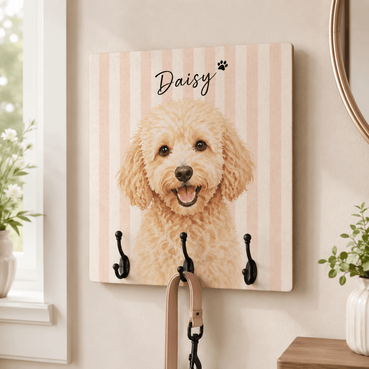 Custom Pet Portrait Dog Leash Holder – Personalized Wooden Hanger