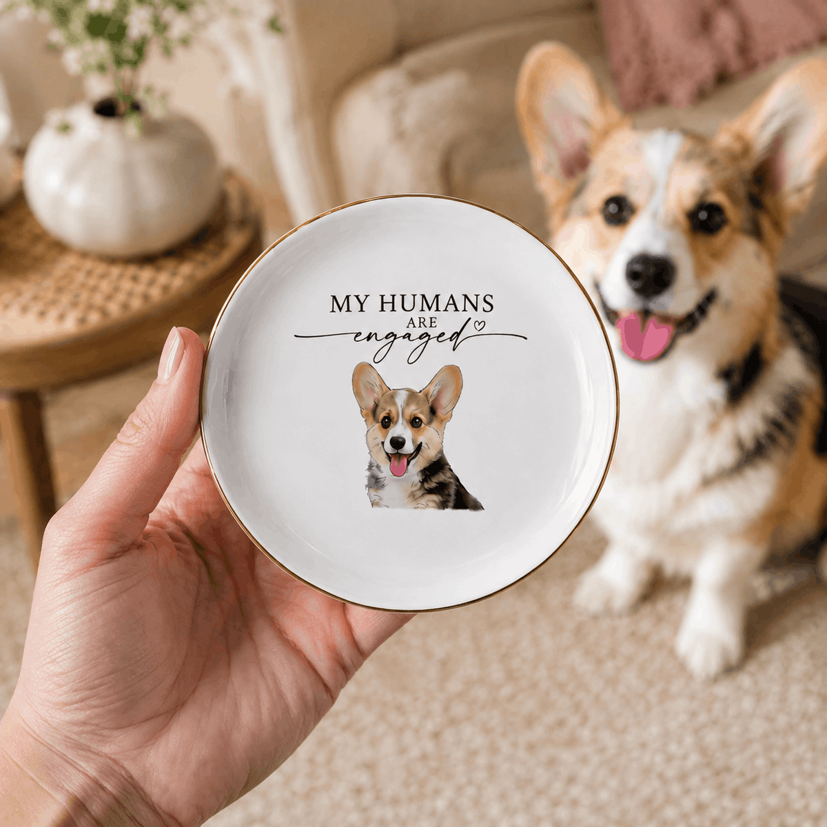 Custom Pet Portrait Ceramic Jewelry Dish – "My Humans Are Engaged" Ring Dish