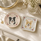 Custom Pet Portrait Ceramic Jewelry Dish – Vintage Striped Floral Frame