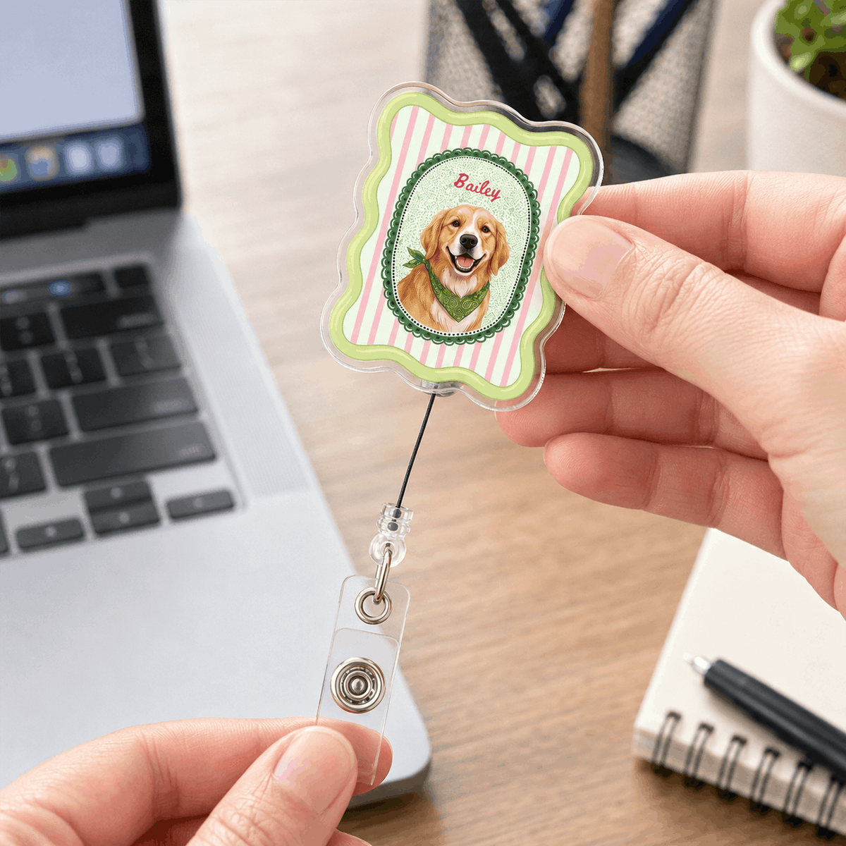 Badge Reel – Custom Pet Portrait Vintage Scalloped Frame Design