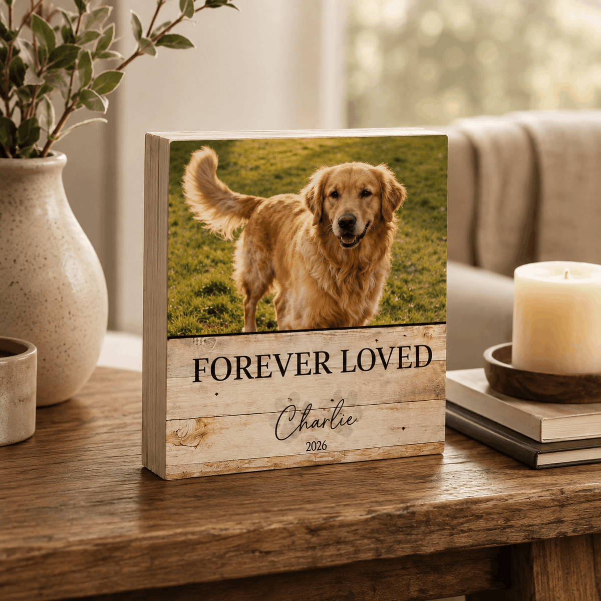 Custom Pet Memorial Wooden Block – "Forever Loved" Rustic Design
