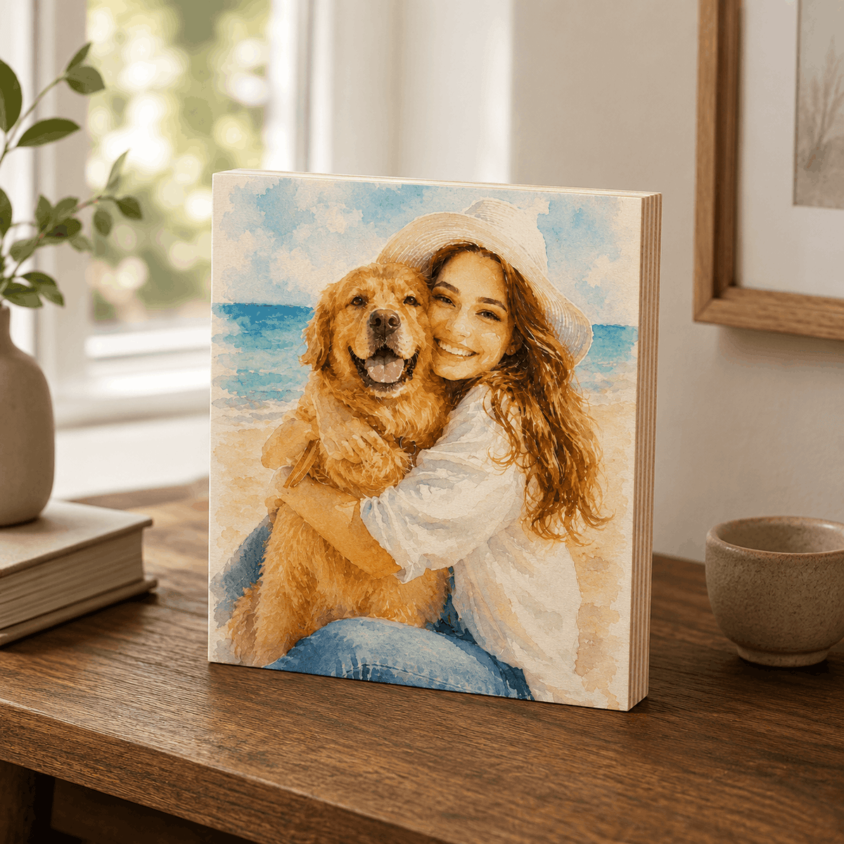 Custom Pet Photo Wooden Block – Watercolor or Real Photo Design