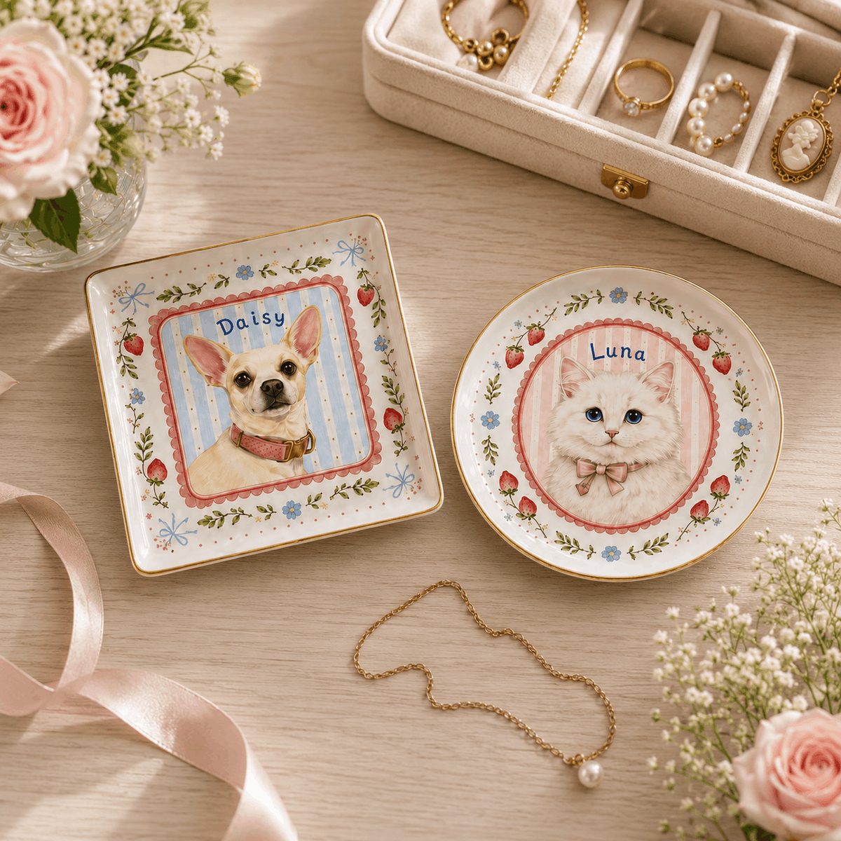 Custom Pet Portrait Ceramic Jewelry Dish – Coquette Strawberry & Bow Design