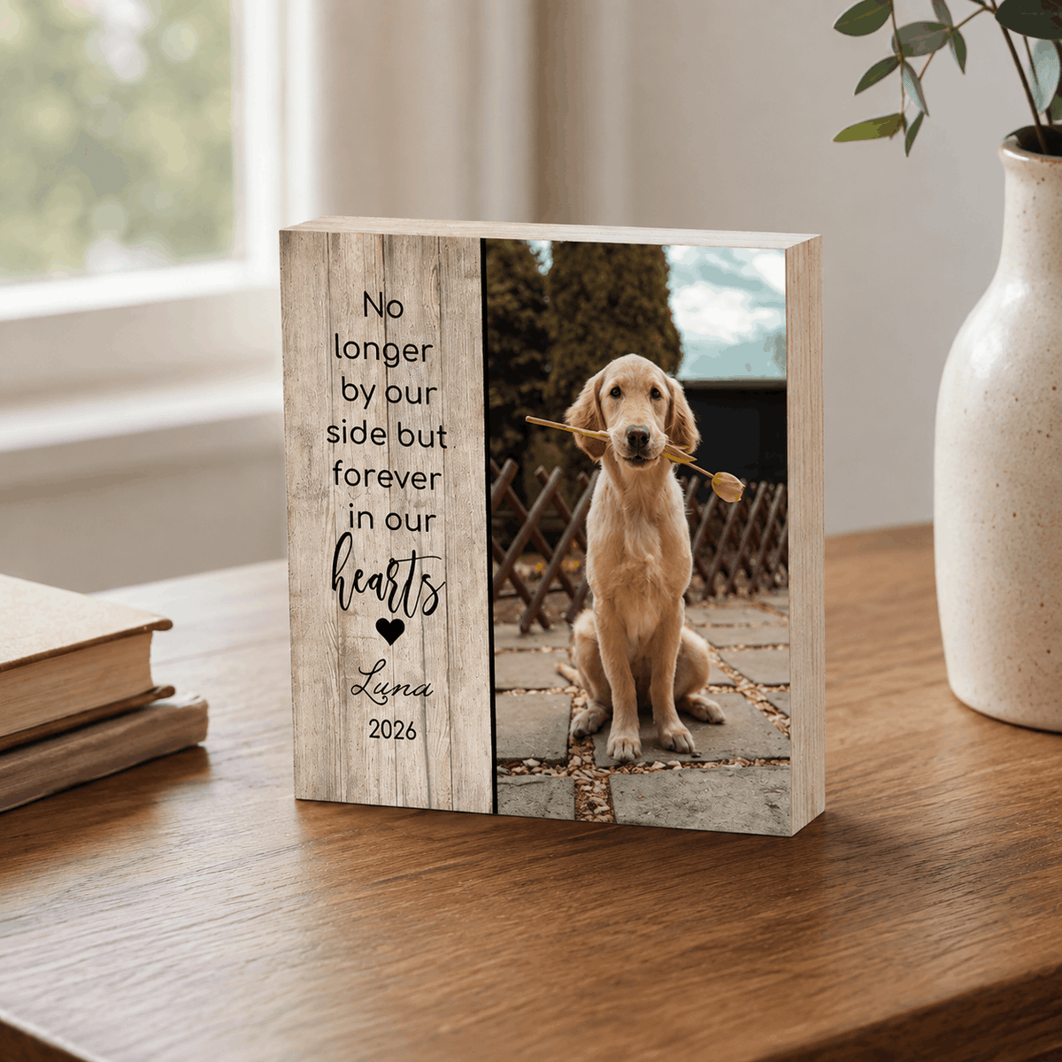 Custom Pet Memorial Wooden Block – "Forever In Our Hearts" Split Design