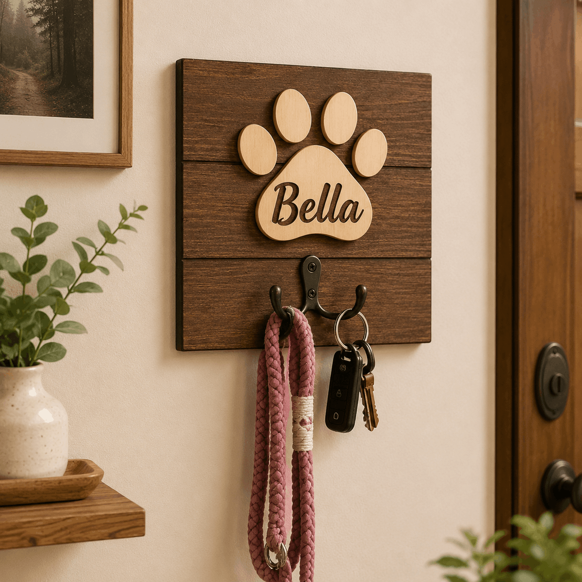 Custom Dog Leash Holder – Rustic Wooden Paw Print Design