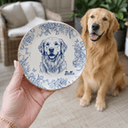 Custom Pet Portrait Ceramic Jewelry Dish – Classic Blue & White Floral Design