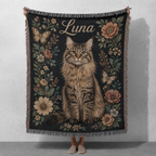 Custom Vintage Floral Pet Portrait Woven-Style Blanket - Personalized Cat & Dog Throw with Name