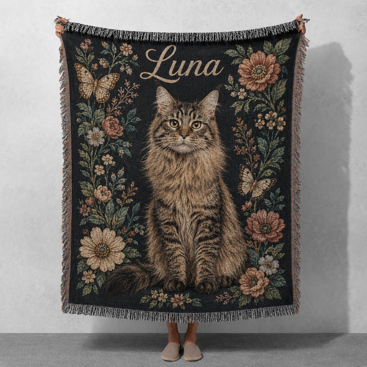 Custom Vintage Floral Pet Portrait Woven-Style Blanket - Personalized Cat & Dog Throw with Name