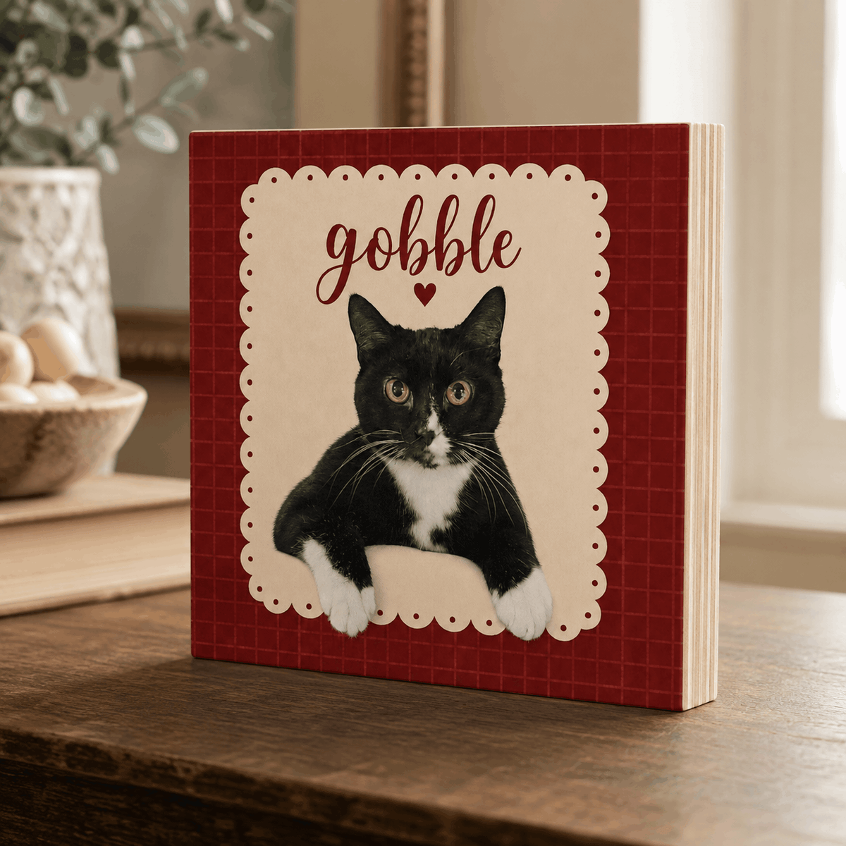 Custom Pet Portrait Wooden Block – Vintage Floral & Gingham Design
