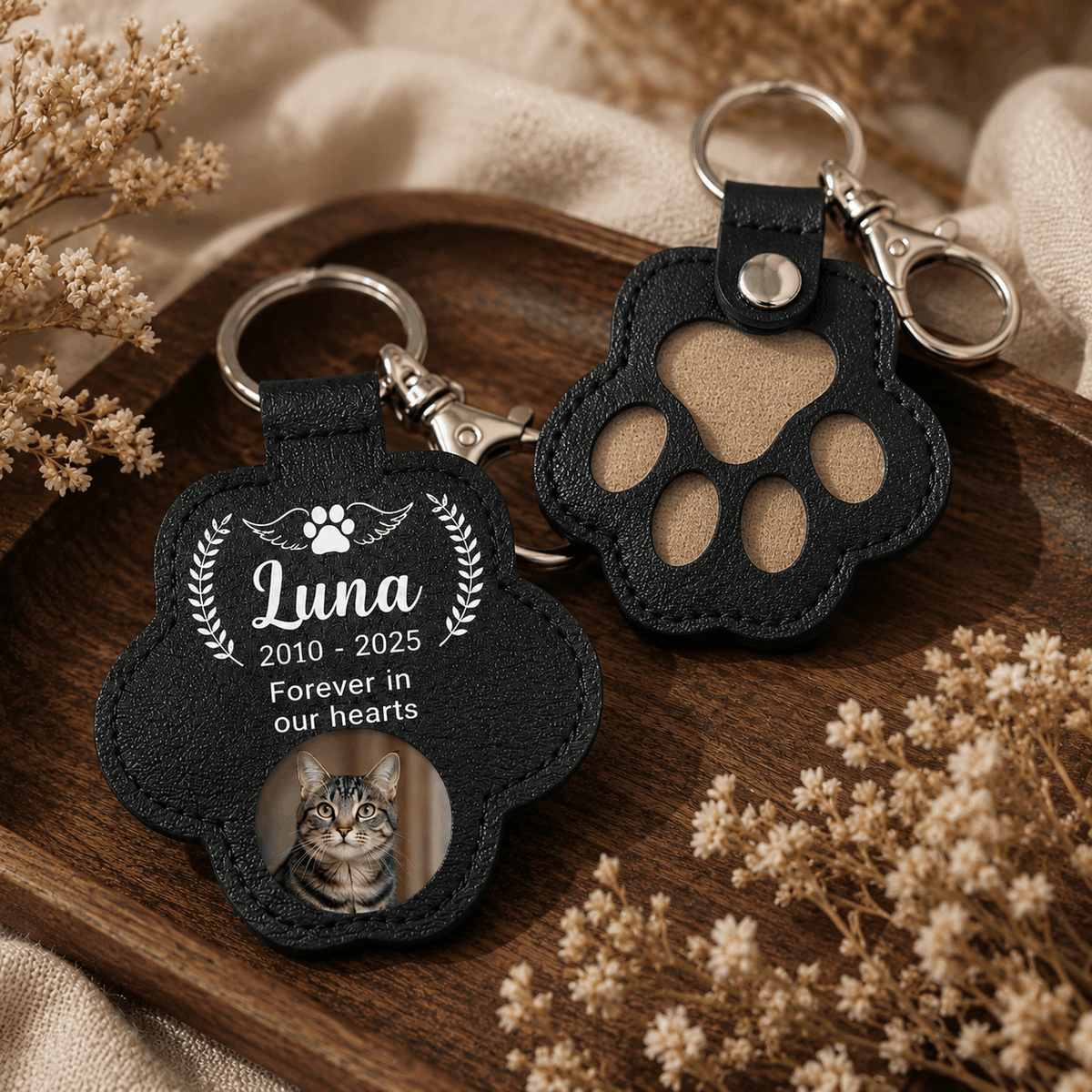 Pet Memorial Pawprint Keychain - Angel Wings Photo Insert & Custom Dates