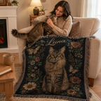 Custom Vintage Floral Pet Portrait Woven-Style Blanket - Personalized Cat & Dog Throw with Name