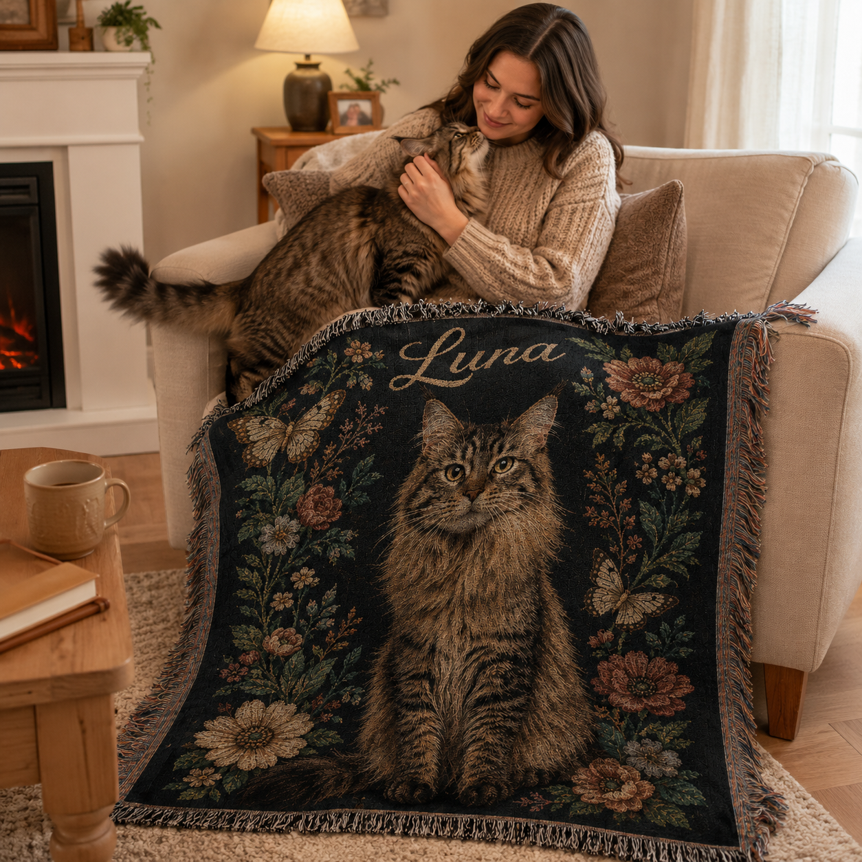 Custom Vintage Floral Pet Portrait Woven-Style Blanket - Personalized Cat & Dog Throw with Name