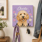 Custom Pet Portrait Dog Leash Holder – Vibrant Floral Frame Design
