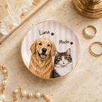 Custom Two Pets Portrait Ceramic Jewelry Dish – Pastel Pattern Design