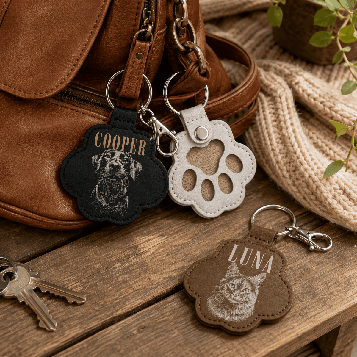 Personalized Pawprint Keychain - Custom Sketch Pet Portrait & Fur Keepsake