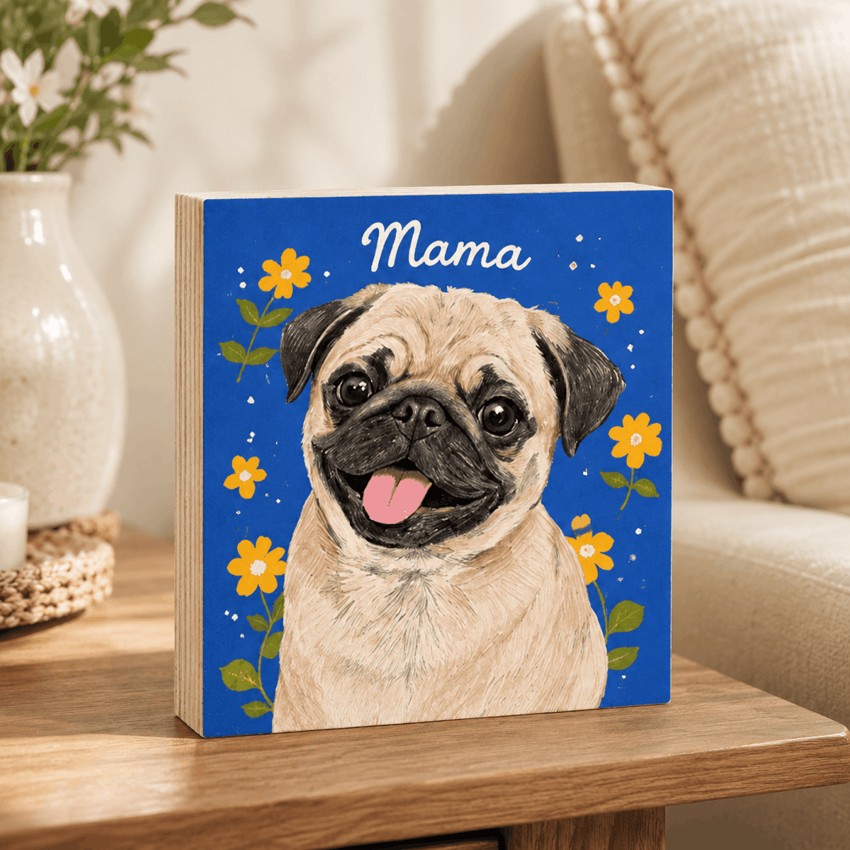 Custom Pet Portrait Wooden Block – Vibrant Floral Frame Design