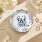 Custom Pet Portrait Ceramic Jewelry Dish – Classic Blue & White Floral Design