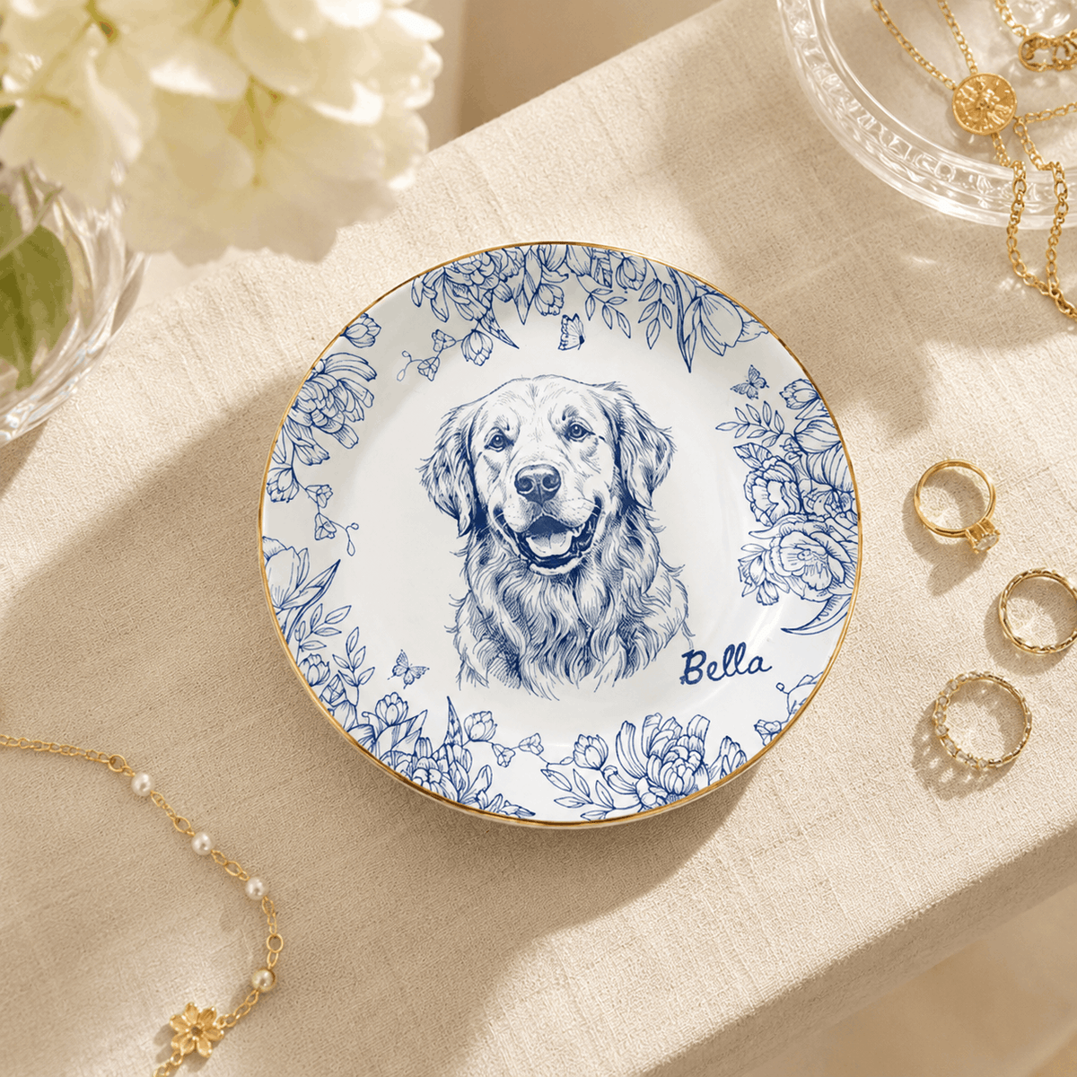 Custom Pet Portrait Ceramic Jewelry Dish – Classic Blue & White Floral Design