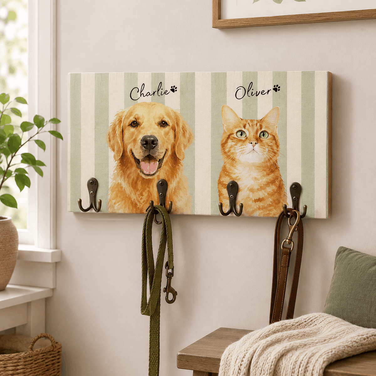 Custom Pet Portrait Dog Leash Holder – Personalized Wooden Hanger