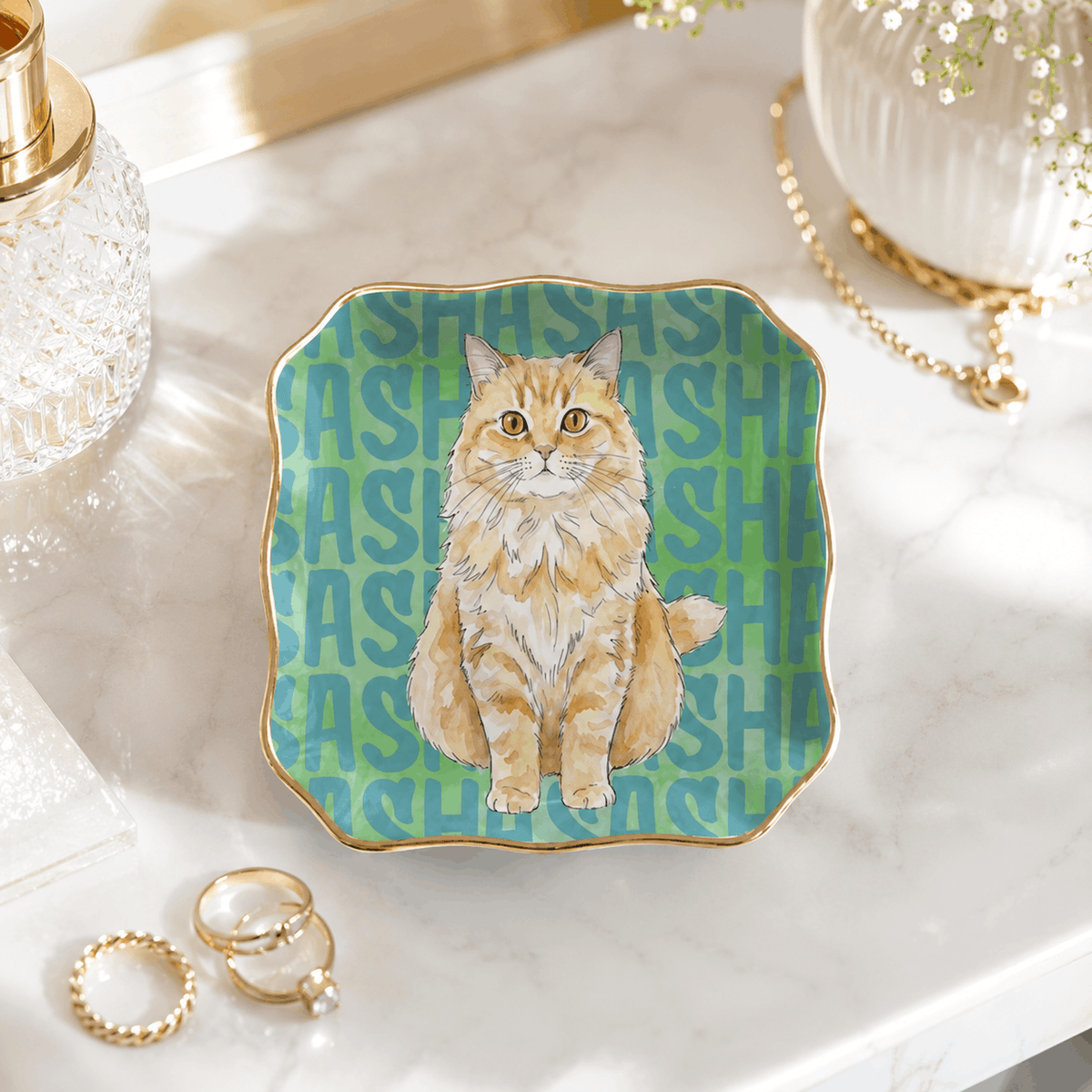 Custom Pet Portrait Ceramic Jewelry Dish – Pop-Art Repeated Name Pattern