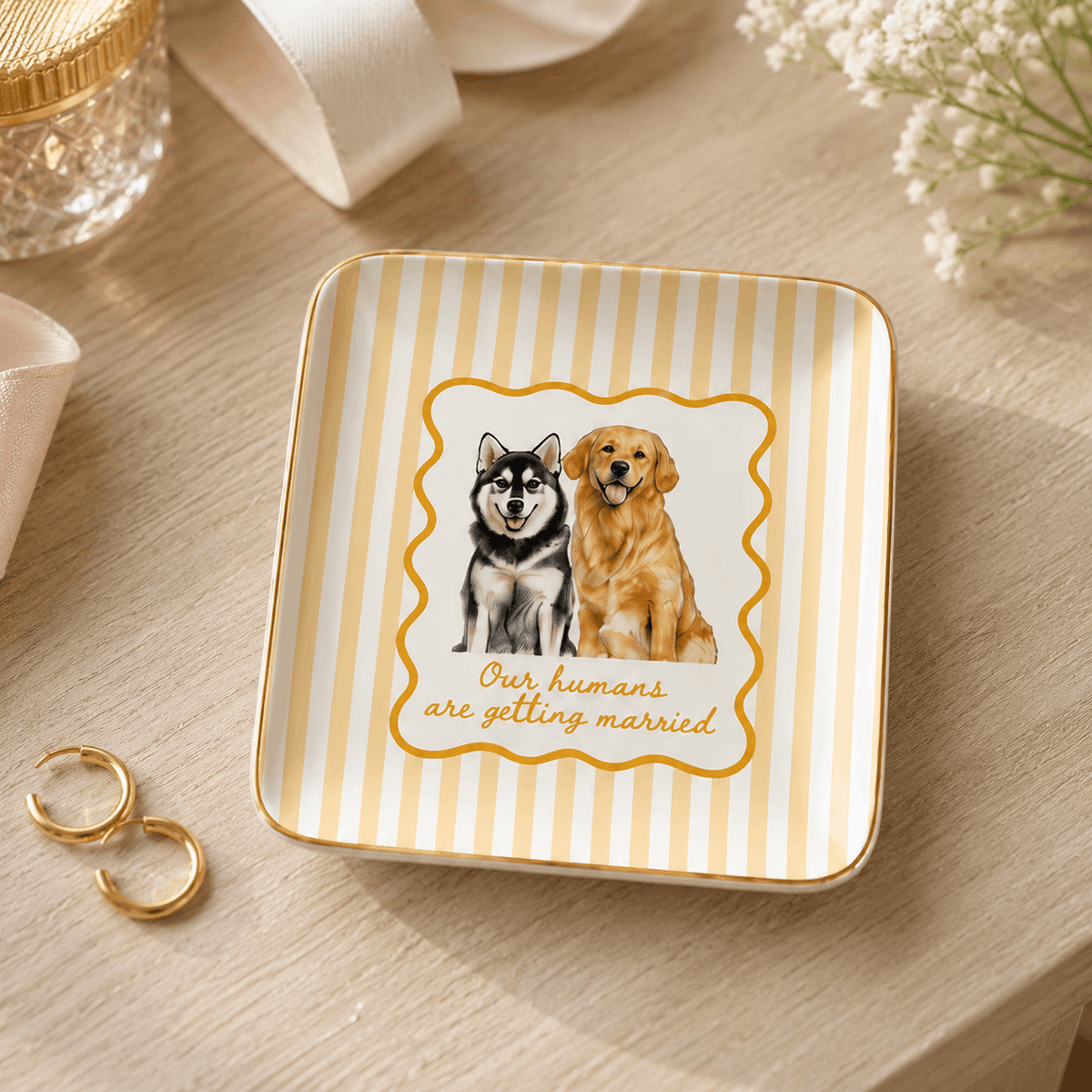 Custom Two Pets Ceramic Jewelry Dish – "Our Humans Are Getting Married" Striped Design