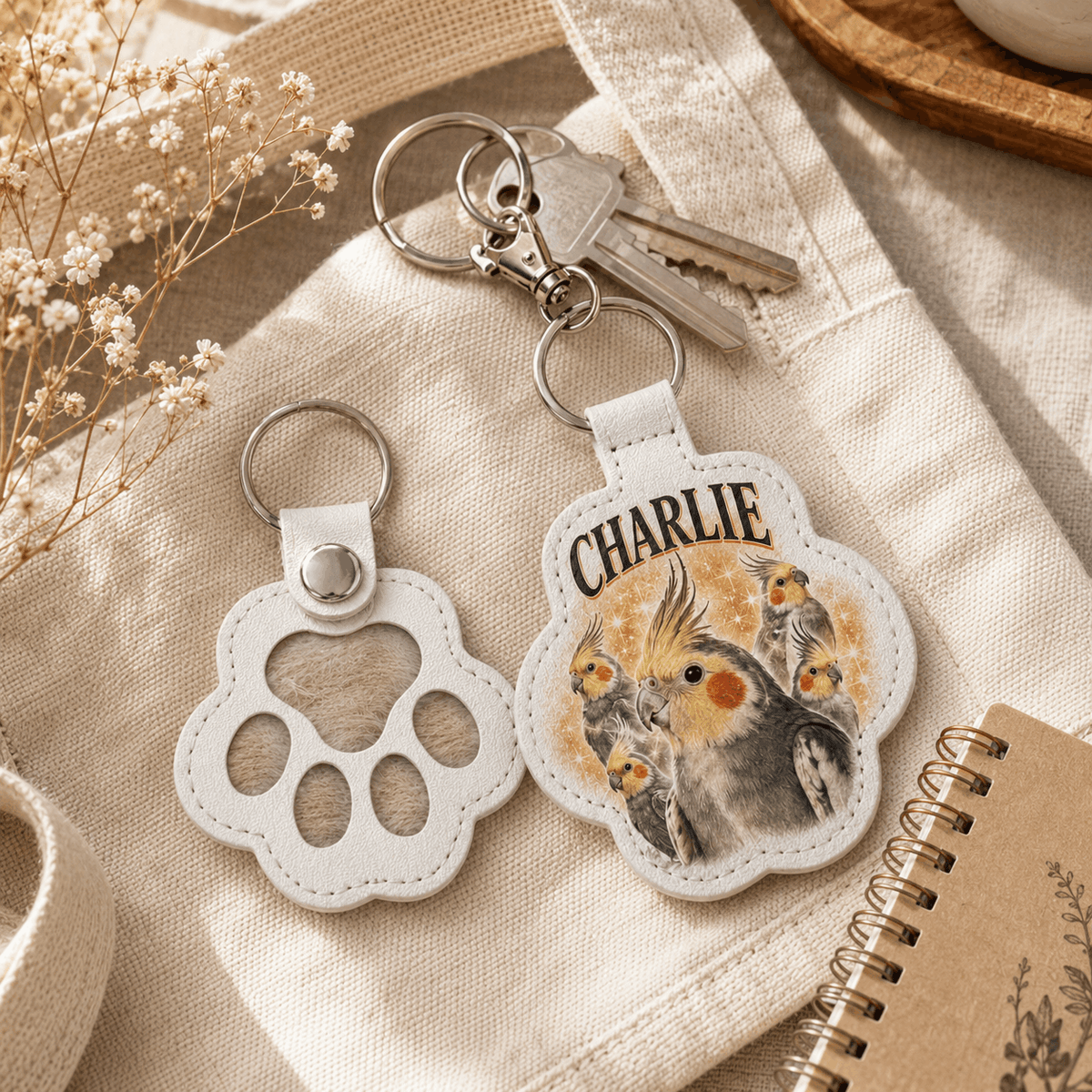 Custom Pawprint Keychain - Vintage Pet Photo Collage & Fur Keepsake
