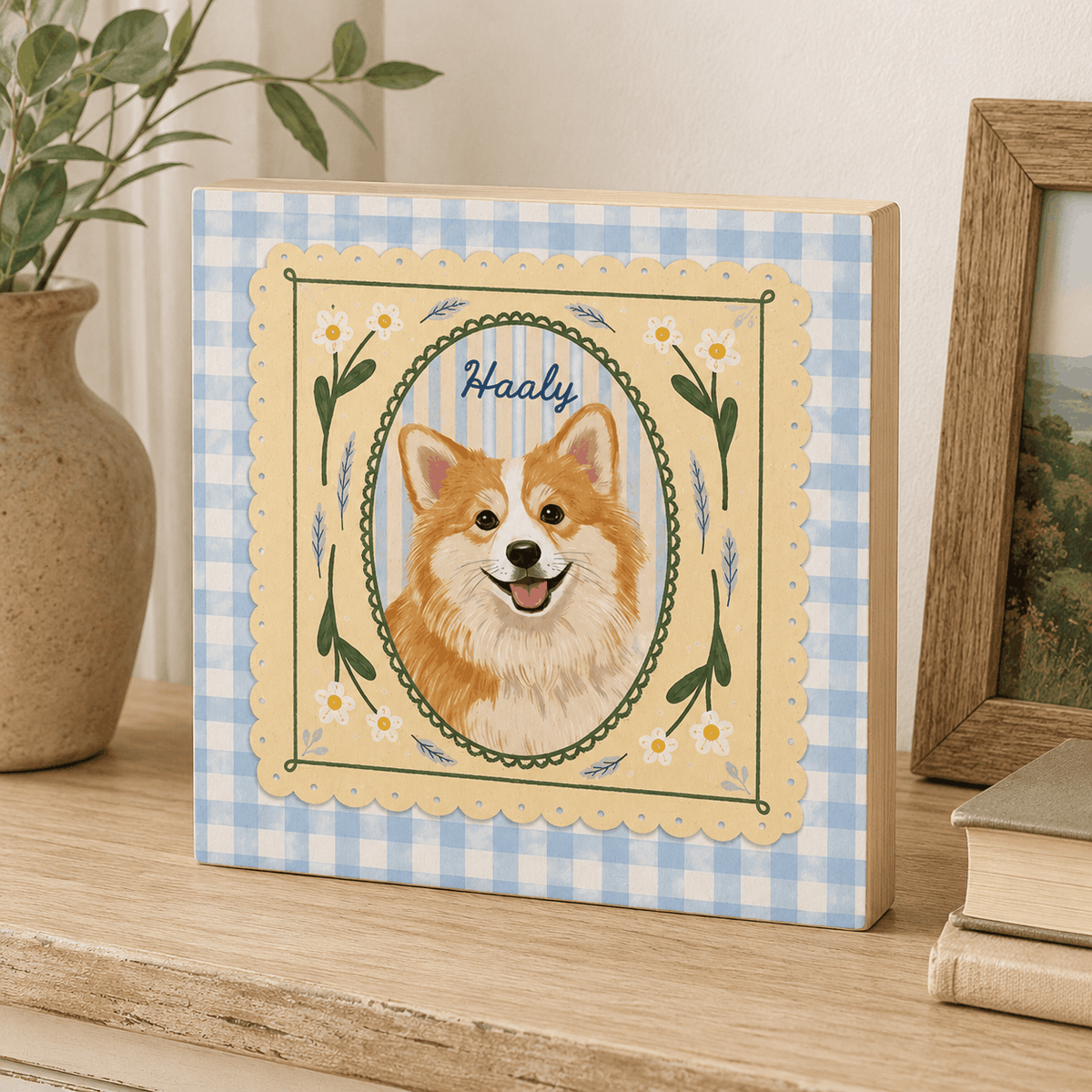 Custom Pet Portrait Wooden Block – Vintage Floral & Gingham Design
