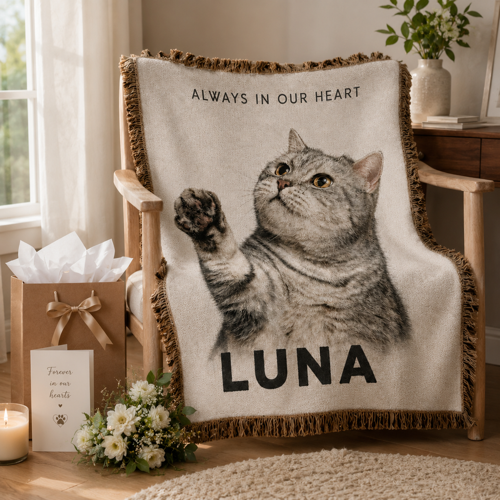 Custom Pet Memorial Woven-Style Blanket - Personalized Portrait Throw with Quote & Name