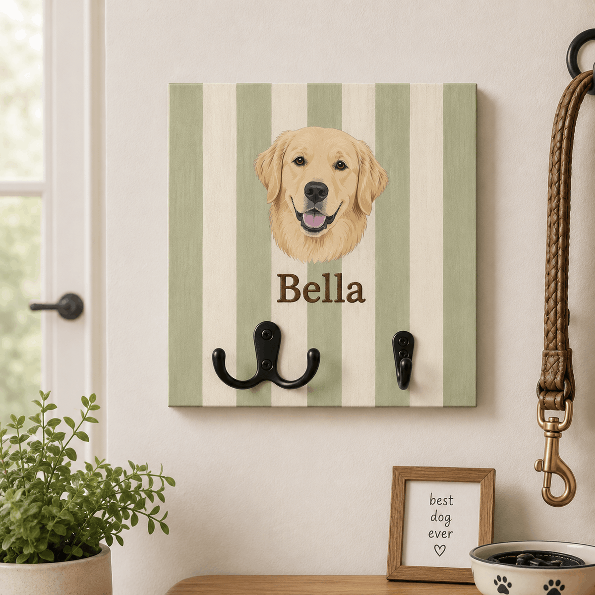 Custom Pet Portrait Dog Leash Holder – Classic Striped Design