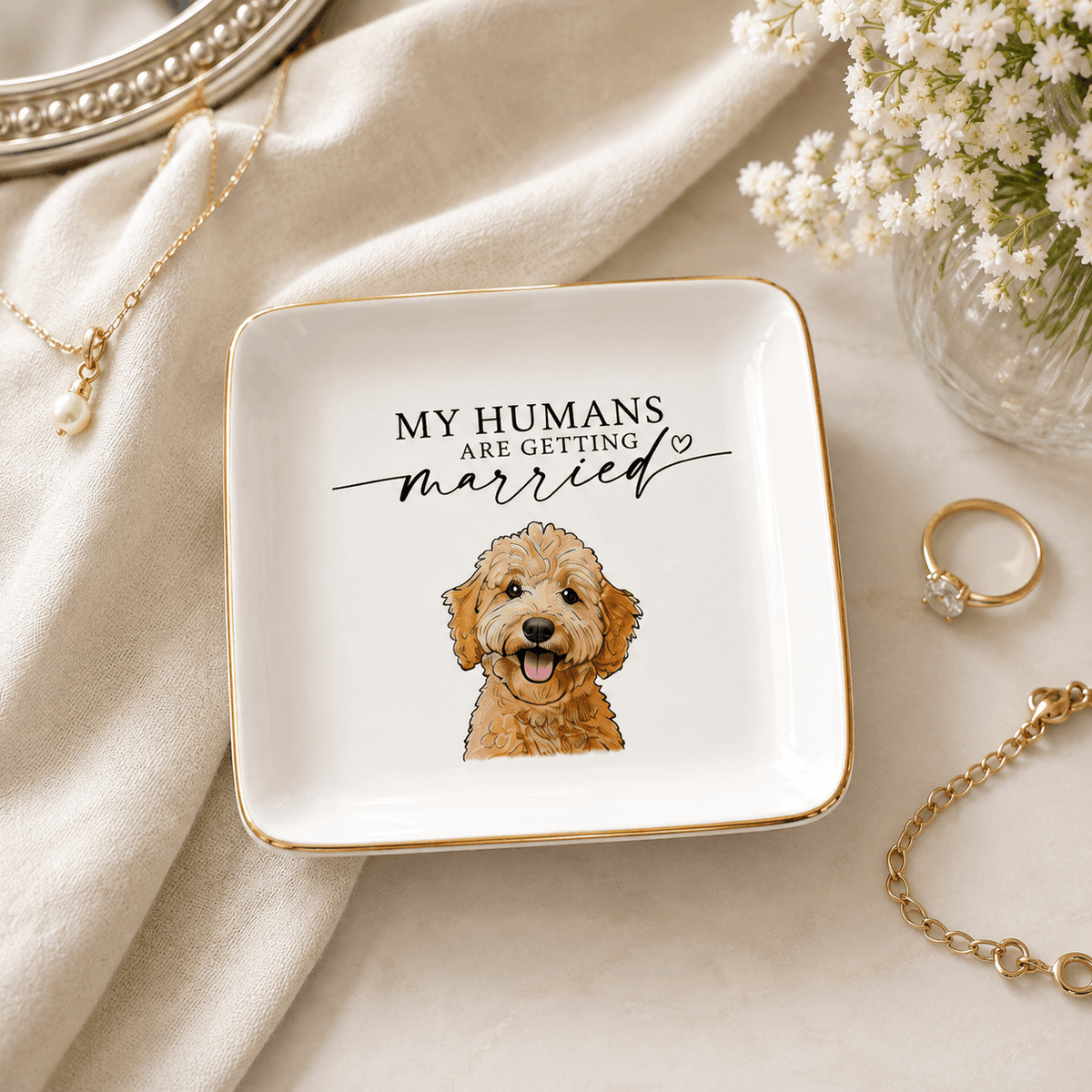 Custom Pet Portrait Ceramic Jewelry Dish – "My Humans Are Engaged" Ring Dish