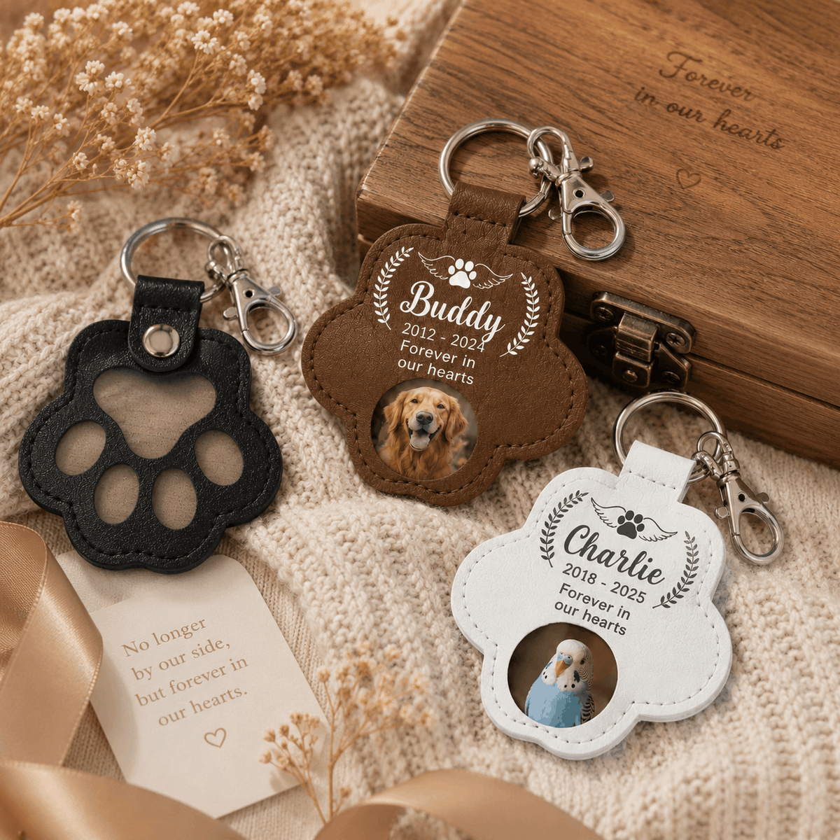 Pet Memorial Pawprint Keychain - Angel Wings Photo Insert & Custom Dates
