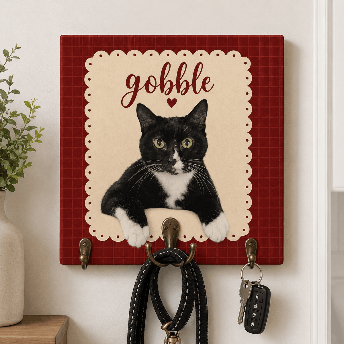 Custom Pet Portrait Dog Leash Holder – Vintage Floral & Gingham Design