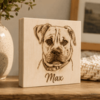 Custom Pet Sketch Portrait Wooden Block – Rustic Line Art Design