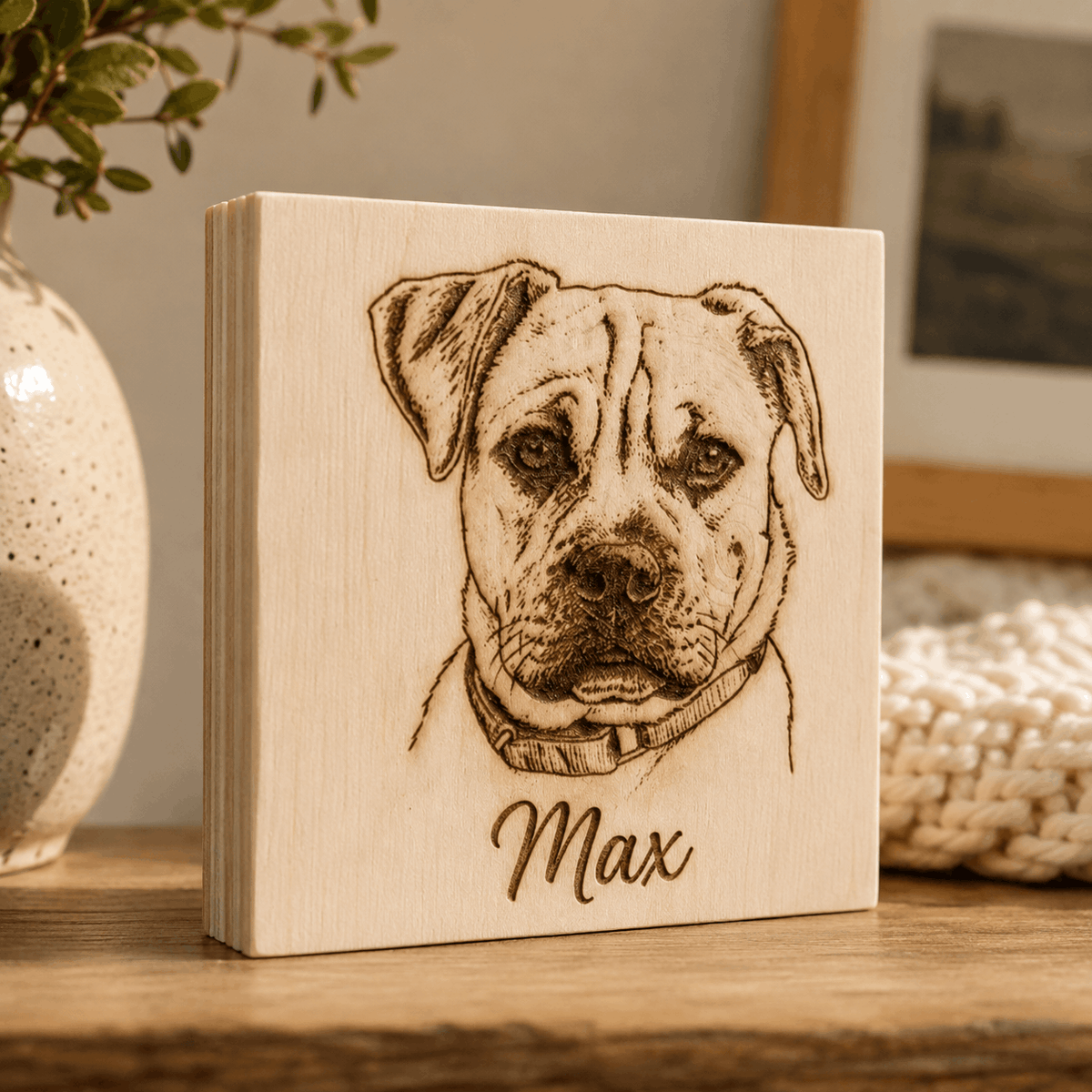 Custom Pet Sketch Portrait Wooden Block – Rustic Line Art Design